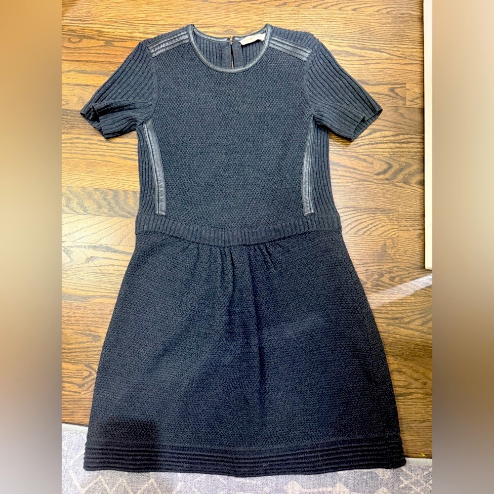 Tory Burch Charcoal Grey Sweater Dress with Leather Accents